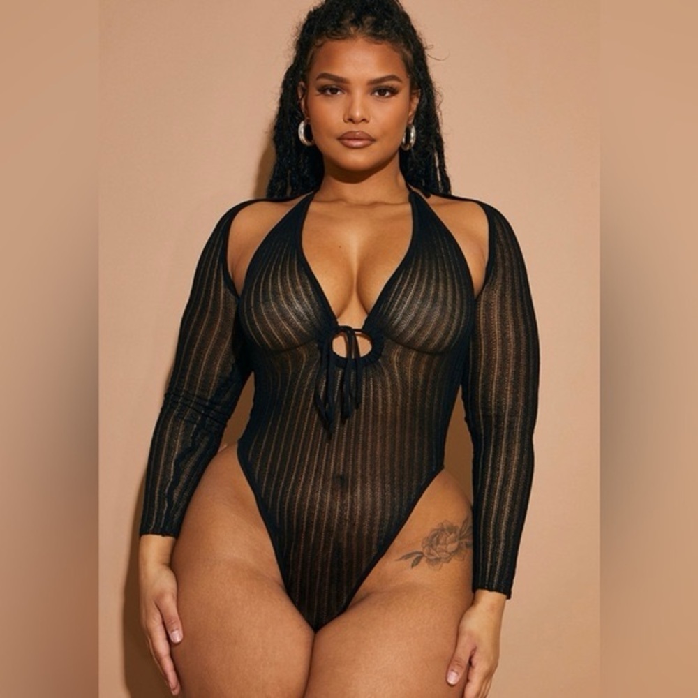 NWT PrettyLittleThing Plus Black Sheer Knit Bodysuit w/ Sleeves Size XXXL